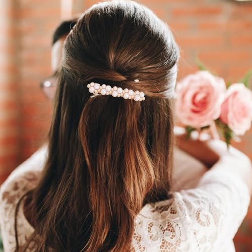 Pearl Hair Clips for Women Gold Metal Snap Barrettes 2-Pack