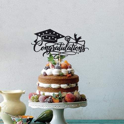 Black Glitter Graduation Cake Topper - Congratulations Cap & Diploma
