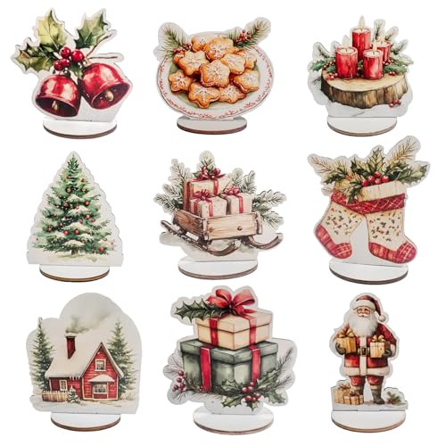 Wooden Christmas Table Centerpiece Set - 9 Holiday Decorations