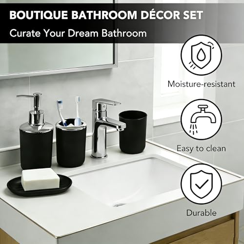 TOJKYBLYU Black 4-Piece Matte Bathroom Accessories Set - Soap Dispenser Toothbrush Holder Rinse Cup Soap Dish for Home Decor