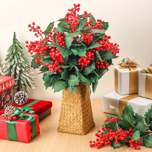 Artificial Christmas Poinsettia Flowers with Berry Stems Set - 12 Pieces
