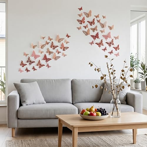 48 PCS Rose Gold 3D Butterfly Wall Decor - 4 Styles & 3 Sizes