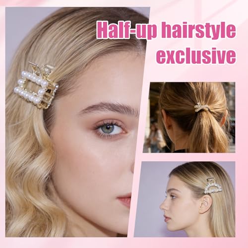 FADUIIO 7Pcs Mini Metal Hair Claw Clips with Pearls & Rhinestones