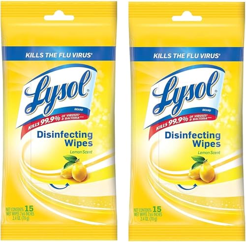 Lysol Disinfecting Wipes To-Go Pack Lemon Scent 15 Count (Pack of 2) - Kill 99.9% of Viruses & Bacteria