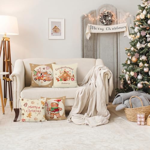Bonhause Christmas Gingerbread Throw Pillow Covers 18x18 Inch Set of 4 - Brown