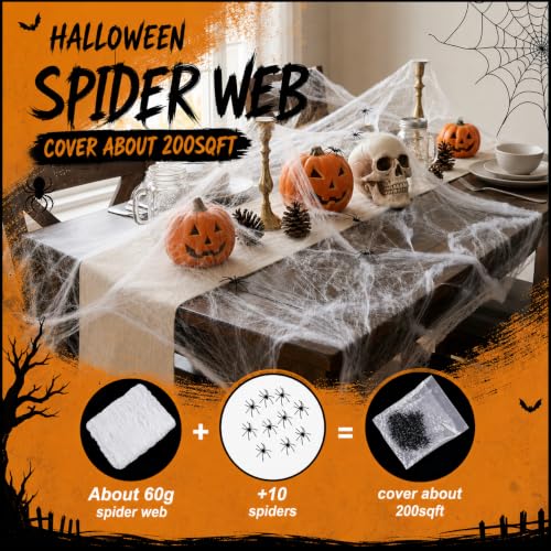 200 Sq Ft Spider Web with 10 Artificial Spiders - Halloween Decor
