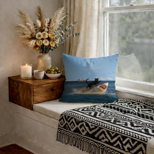 Funny Black Cat & Shark Pillow Cover 18x18 - Quirky White Cat Design