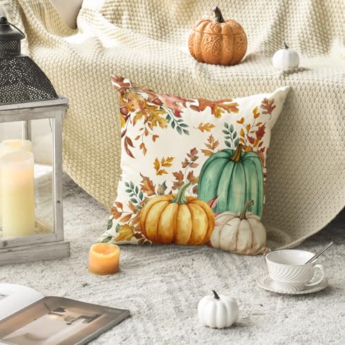 Fall Pumpkin & Maple Leaf Pillow Covers 18x18 Inch Set of 2 - Seasonal Thanksgiving Decor