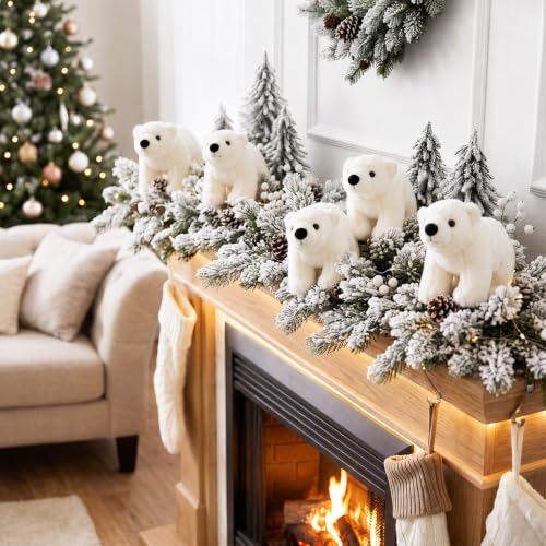 Large Christmas Polar Bear Ornaments Set - White Cuddly Animal Decorations, 5.12 x 7.87 Inches - Stand Included