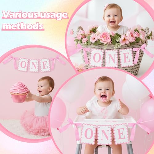 Pink Bow First Birthday High Chair Banner for Girls - Coquette Design