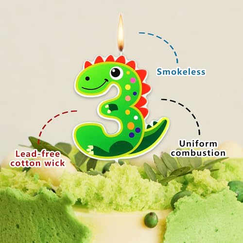 Yoqipati 3rd Birthday Dinosaur Candles for Cake - Number 3 Cake Topper, Dinosaur Party Supplies