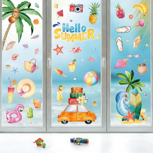 Hianjoo Summer Window Clings - 4 Large Double-Sided Tropical Stickers