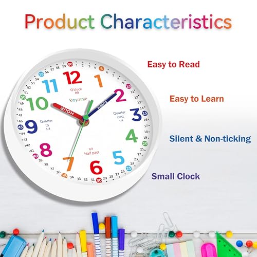 Roymnie 8-Inch Kids Learning Wall Clock - Silent Non-Ticking White Grain