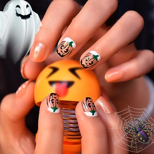 LINSSQ Halloween Short Squoval Press On Nails Witchy Orange Fake Nails