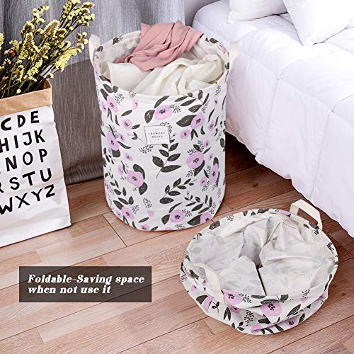 UUJOLY Waterproof Round Laundry Hamper - Collapsible Cotton Linen Basket, 19.7x15.7 in, Purple