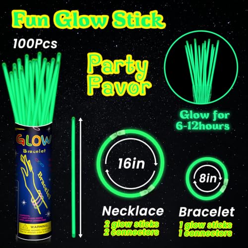 100-Pack 8" Green Glow Sticks with Connectors – Neon Party Favors