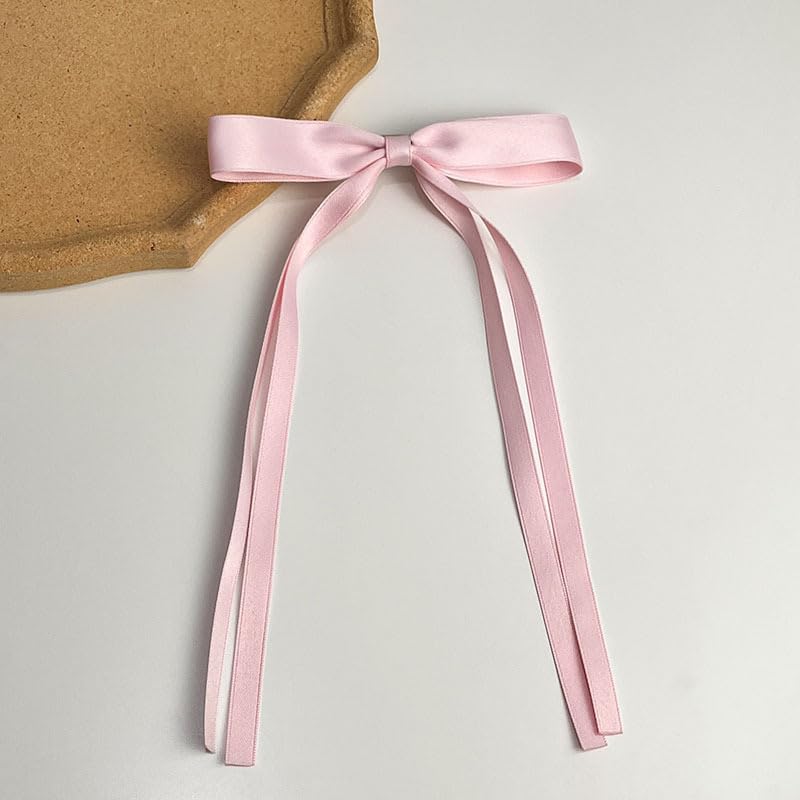 SALOCY 4 PCS Big Satin Hair Bow Clips with Long Tail Pink and Beige