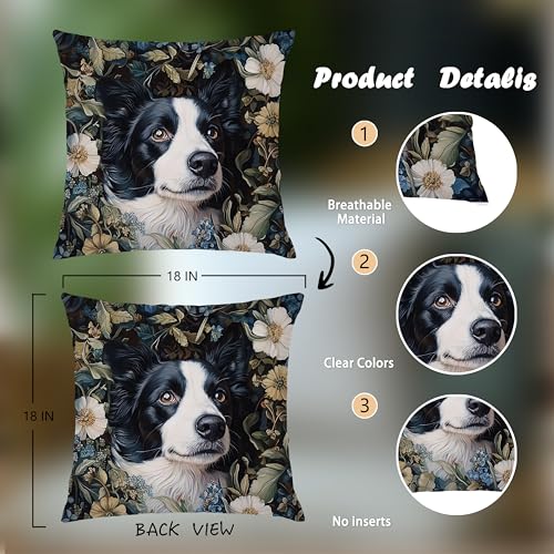 William Morris Inspired Border Collie Dog Floral Decor Pillow Cover 18x18
