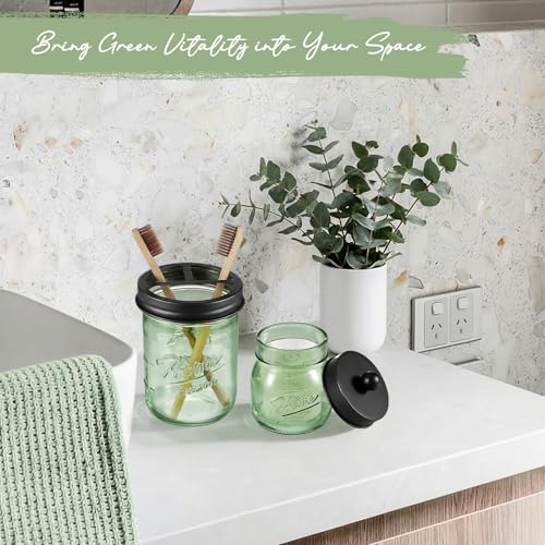 Green Mason Jar Toothbrush Holder with Stainless Steel Lid - Farmhouse Bathroom Organizer
