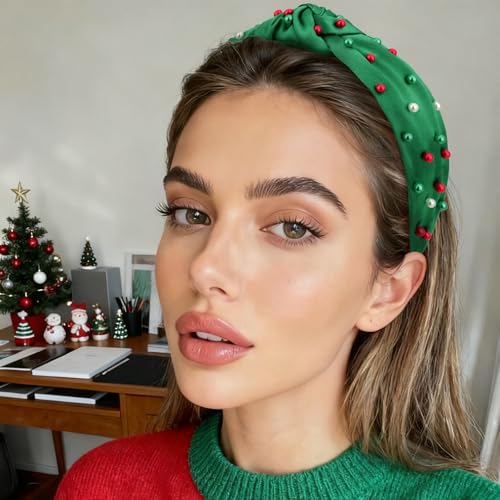 Christmas Knotted Headbands - 2PCS Red & Green Pearl Beaded Hair Accessories