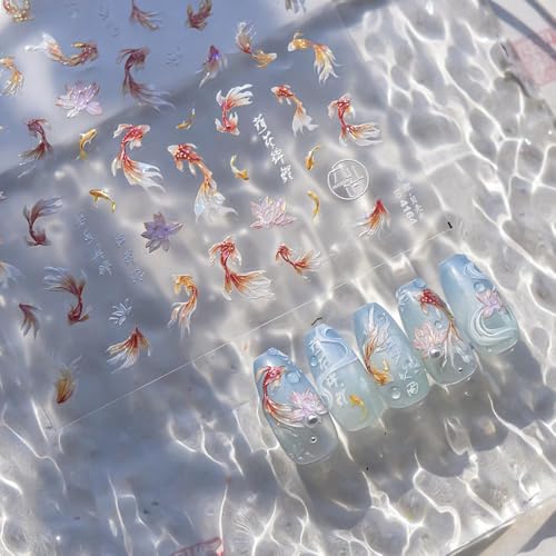 5D Embossed Goldfish Nail Stickers Sparkly Koi Fish Nail Art Decals
