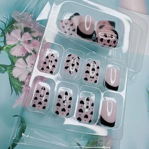 Black Heart Press on Nails Short Square French Tip Fake Acrylic Nails