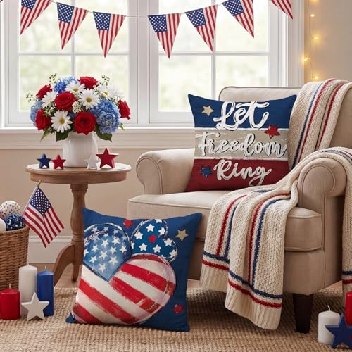 Artscope 4th of July Throw Pillow Covers, 18x18 Inch Patriotic Set of 4
