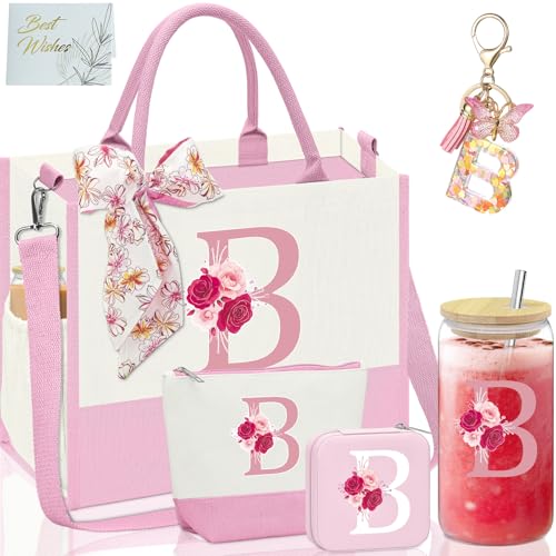 Pink Initial Canvas Tote Bag with Inner Pocket - Birthday Gift for Women