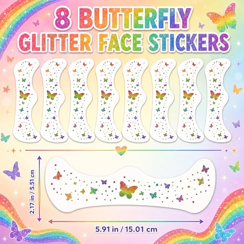 Artlunar 8Pcs Rainbow Butterfly Temporary Face Tattoos with Silver Glitter