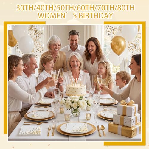 Elegant 80 Pack 3-Ply Gold Cocktail Napkins - 5" White with Gold Foil Dots