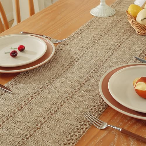 Brown Burlap Boho Table Runner 12 x 108 Inches with Tassels for Rustic Home Decor