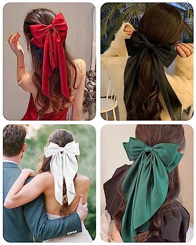 JELIEE 4 Pcs Silky Satin Hair Bows with Long Tails and Metal Clips