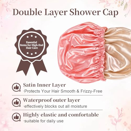 Confvrter Satin Lined Shower Cap Waterproof for Curly Hair Peach Pink
