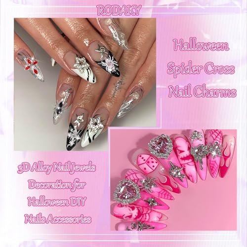 RODAKY 12Pcs Cross & Spider Nail Art Charms with Colorful Rhinestones