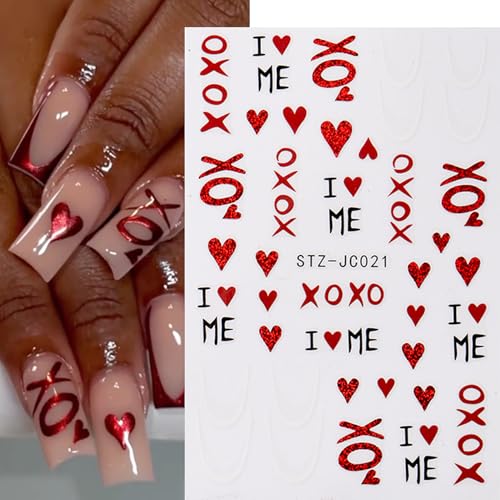 Valentines Nail Stickers 6 Sheets Self-Adhesive Red Heart Decals