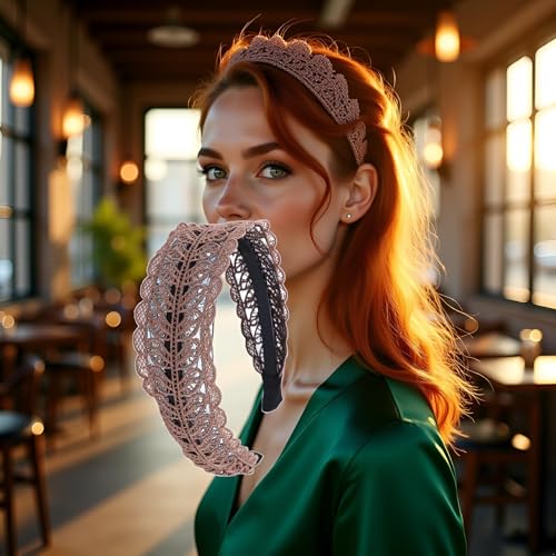 Cauaoa Coffee Lace Leaf Wide Headband Non-Slip Elastic Hair Hoop