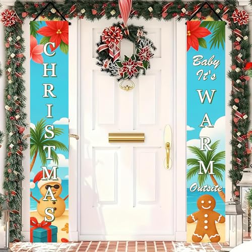 Tropical Christmas Porch Banners - Beach Snowman & Gingerbread Man