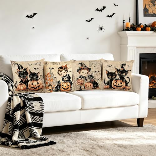 Vintage Halloween Throw Pillow Covers 18x18, Set of 4 Black Cat & Pumpkin