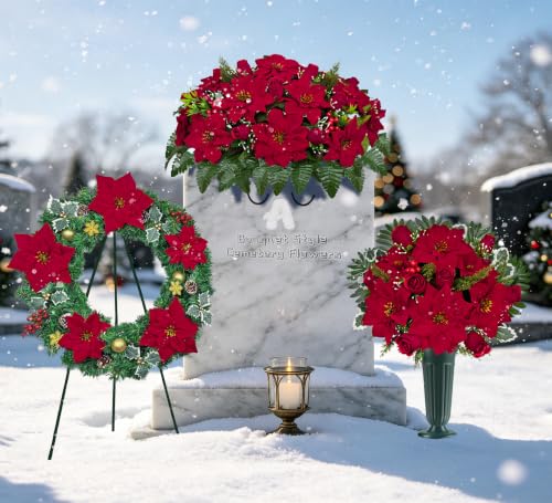 Artificial Cemetery Wreath - 24 Inch Outdoor Grave Decoration with Poinsettia for Winter Remembrance