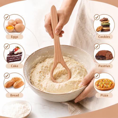JJUNW Natural Wooden Dough Whisk for Sourdough & Pastry Mixing