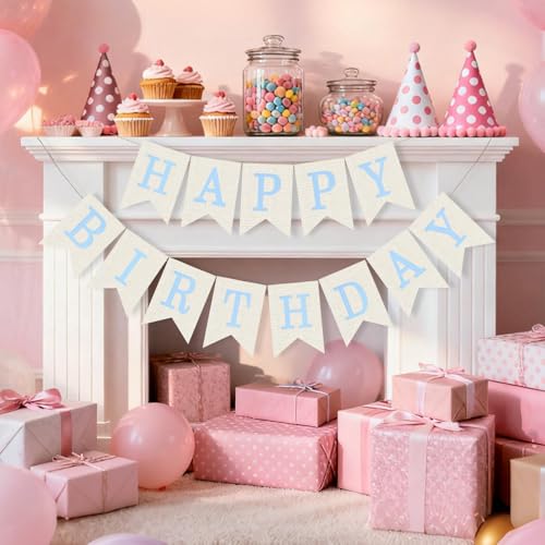 Blue Burlap Happy Birthday Banner Sign for Wall & Door Decoration - No Assembly Needed