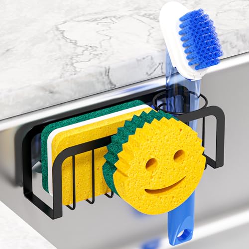 Kitchen Sink Sponge Holder with Suction Cups - Stainless Steel Sink Caddy Organizer for Dish Brush & Soap