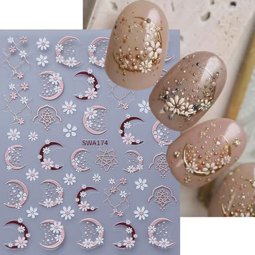 Floral Nail Art Stickers Daisy Flowers Rose Gold Moon Lace Decals 4Pcs