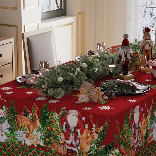 Christmas Snowman Santa Deer Winter Tablecloth 60x84 Inch Rectangular Washable Home Decor
