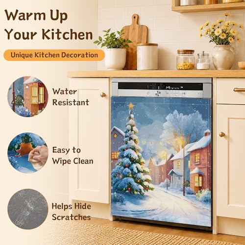 Winter Snow Christmas Tree Dishwasher Magnet Cover 23x26 Inch - Kitchen Decor, Appliance Scratch Cover, Easy Reusable Install