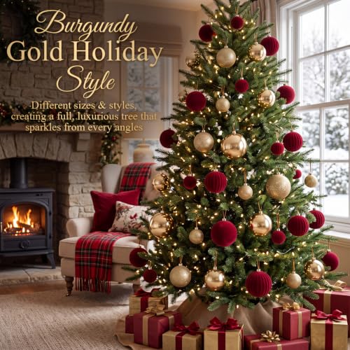 Velvet Christmas Tree Ornaments Set Burgundy Gold 36 Pcs - Red & Gold Variation