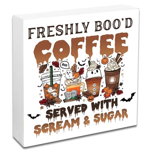 YINSSA Halloween Coffee Bar Sign Wooden Decor - Spooky Ghost & Fall Theme