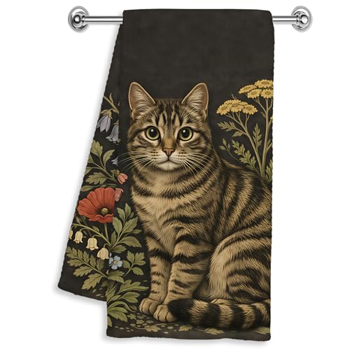 Vintage Floral Tabby Cat Kitchen Towels - 16x24 Inches, Artistic Design
