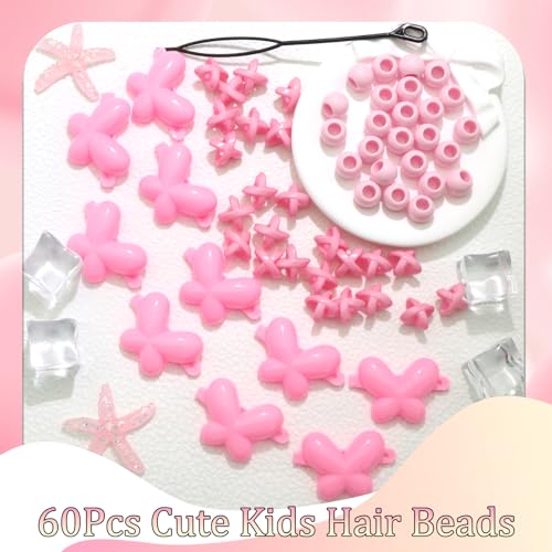 NAISKA 60Pcs Pink Hair Beads and Butterfly Clips for Kids Braids