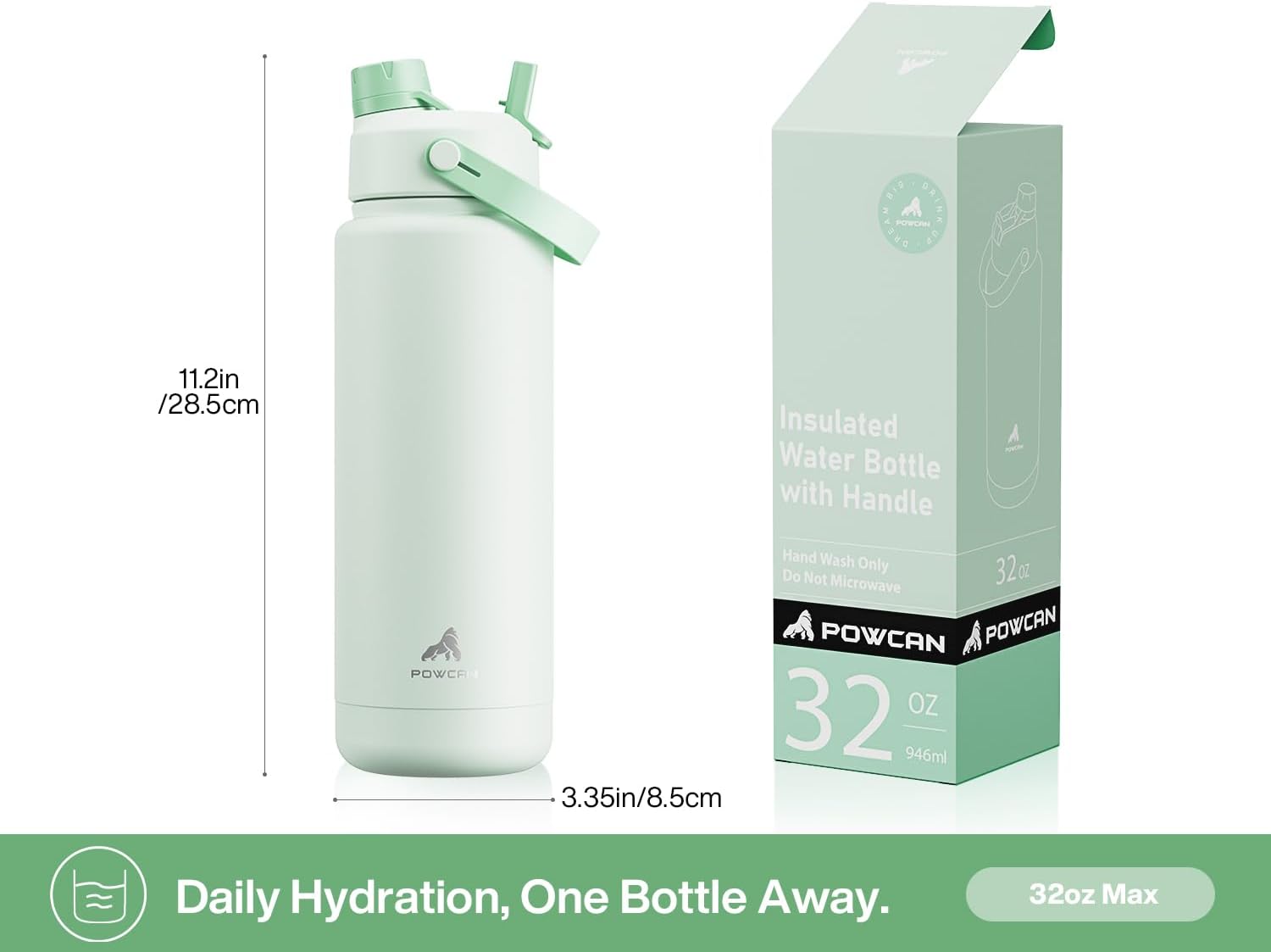 POWCAN 32 oz Insulated Water Bottle - 2-in-1 Straw & Spout Lid, Leak-Proof, BPA-Free | Mint Color